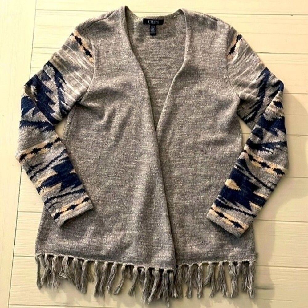 Chaps Aztec Sleeved Cardigan. Size Small. Navy, gray, tan Fringe on bottom